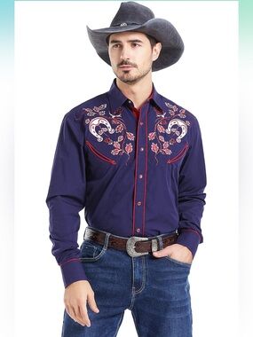 El Pionero Men's Floral Horseshoe Embroidered Retro Western Cowboy Shirt XL
